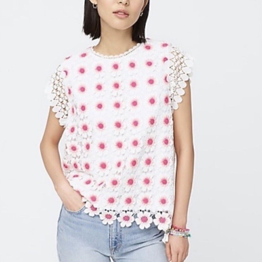 NWOT J.Crew Embroidered Lace Pink White Floral Top Blouse Shirt Size SMALL